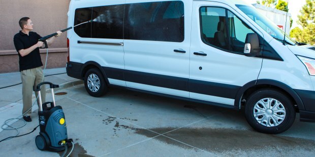 Power wash your hotel transport van with a Karcher pressure washer