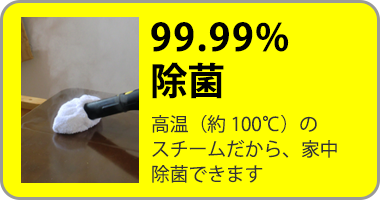 99.99%除菌 高温のスチーム(約100℃)だから、家中除菌できます