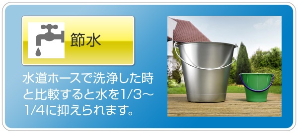 節水:水道ホースで洗浄した時と比較すると、水を1/3〜1/4に抑えられます。
